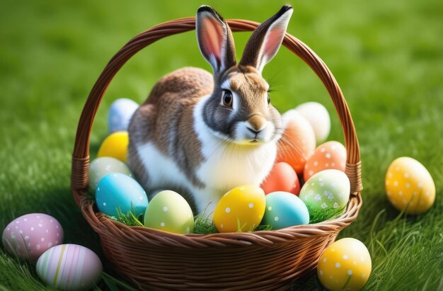 Urlaubsfeierbanner mit süßem Osterhase mit dekorierten Eiern und Frühlingsblumen auf der grünen Frühlingswiese Kaninchen in der Landschaft Glücklicher Oster-Grüßkarte Banner festlicher Hintergrund Kopieren Sie Platz