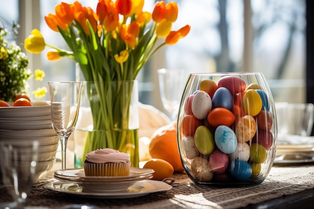 Urlaubsgeschmückter Ostertisch mit Blumen, Muffinvase voller farbiger Eier