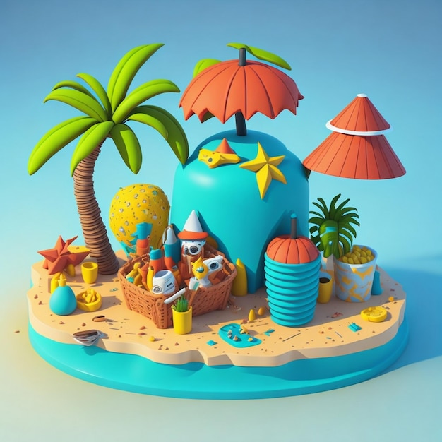 Urlaubssymbolbild niedliche wilde Illustration im Comic-Stil 3D-Rendering C4D