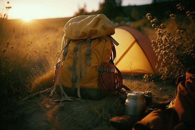 Urlaubswochenende in der Natur mit Rucksack Sonnenuntergang im Wald Berglandschaft Reisen Lifestyle Camping Sommerausflug in die Natur Relaxen und im Schlafsack im Zelt liegen