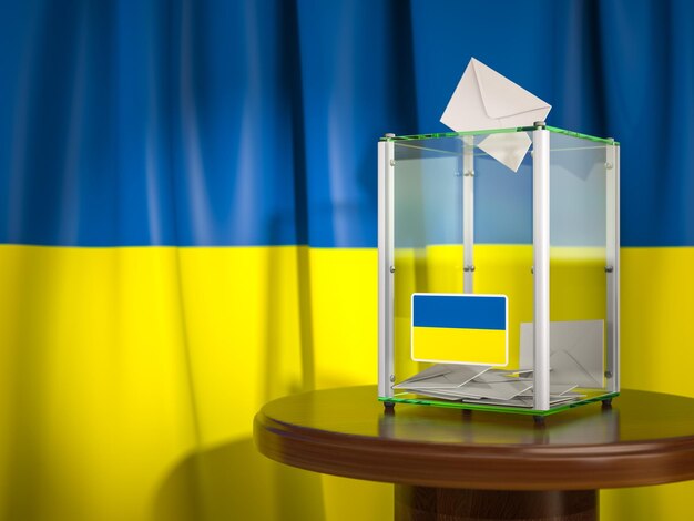 Urna con bandera de Ucrania y papeletas de votación Elecciones presidenciales o parlamentarias de Ucrania