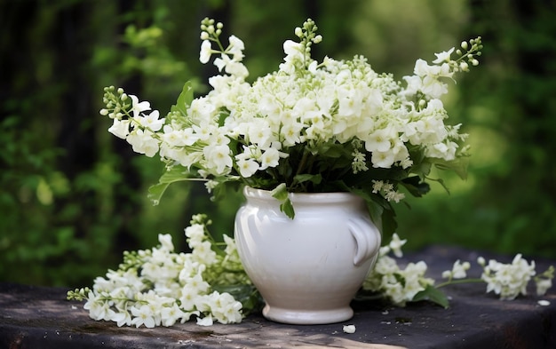 Urna com cinzas no cemitério com flores brancas