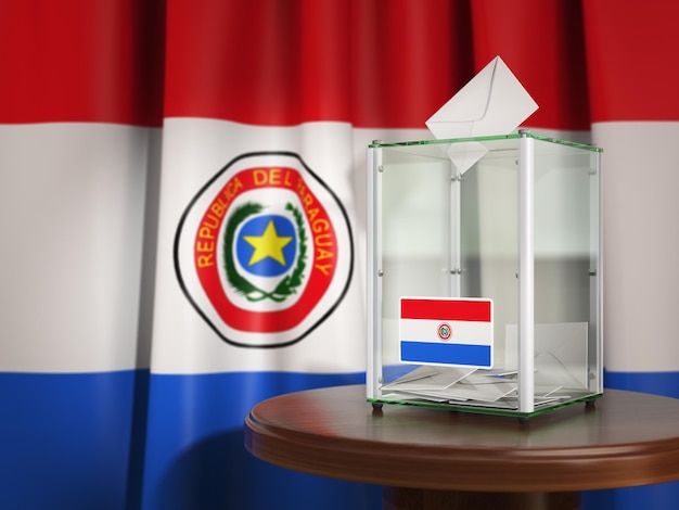 Urna de votação com bandeira do Paraguai e papéis de votação eleição presidencial ou parlamentar do Paraguai