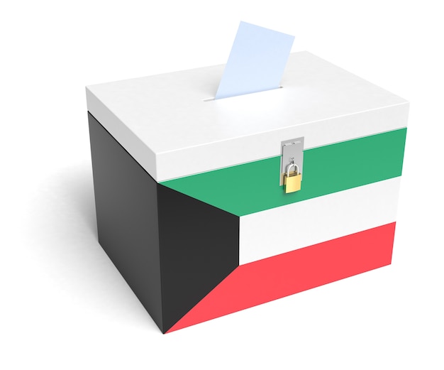 Urna eleitoral com bandeira do Kuwait. Fundo branco isolado. Renderização 3D.