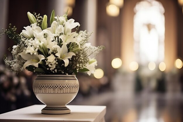 Una urna en forma de T con cenizas en una iglesia rodeada de flores blancas Ai generativo