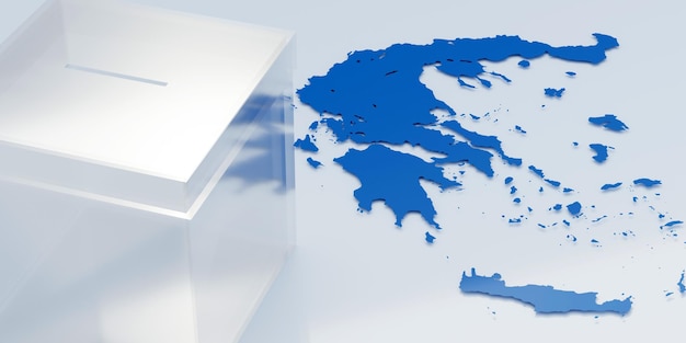 Urna transparente en el mapa de Grecia hecho de fondo de color azul y blanco Vista superior 3D Render