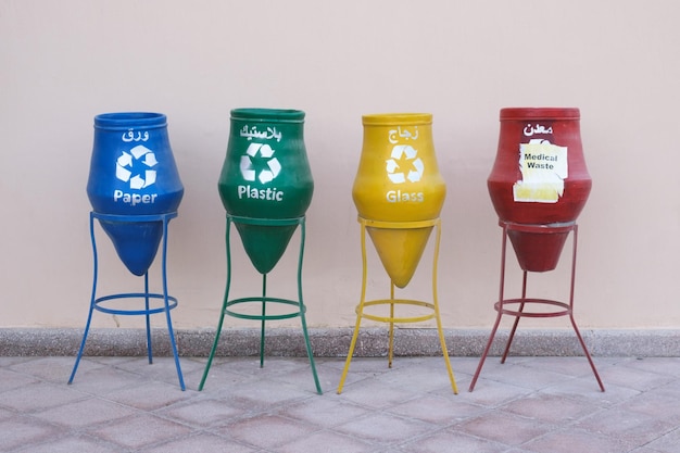 Foto urnas altas metálicas en forma de conos para recogida selectiva de basura
