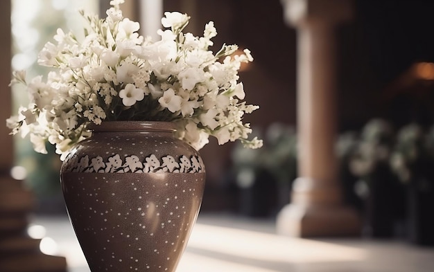 Urne mit Asche in der Kirche mit weißen Blumen