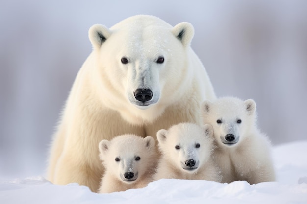 Ursa polar com seus filhotes em um fundo coberto de neve