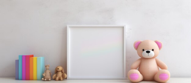 Ursinho de pelúcia com brinquedo pastel arco-íris e moldura de madeira em branco na mesa branca gerada pela IA