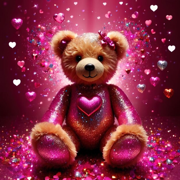 Foto ursinho de pelúcia com coração rosa com efeito de brilho brilhante
