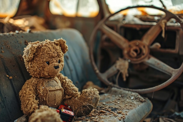 Ursinho de pelúcia deixado no interior de um carro abandonado