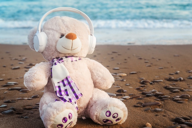 Ursinho de pelúcia em fones de ouvido na costa do mar à tarde