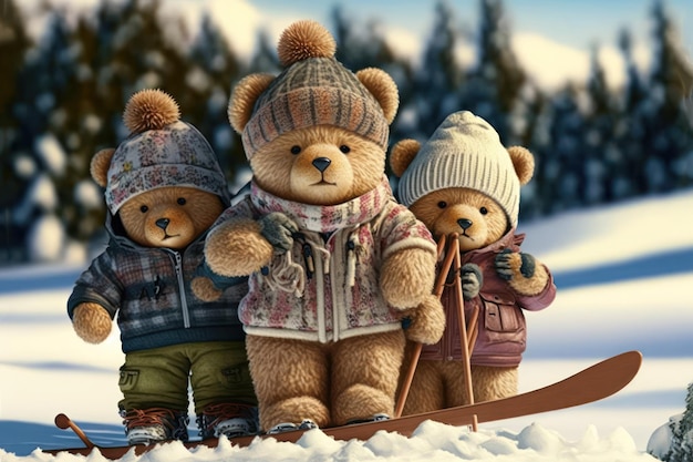 Ursinho de pelúcia pai de crianças em família de estação de esqui Férias de inverno fundo nevado IA generativa