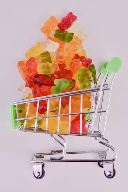 Ursinhos de goma em uma pequena cesta de supermercado em um fundo branco.