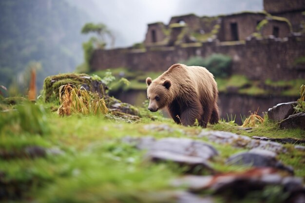 Foto urso à procura de comida em terraços andinos