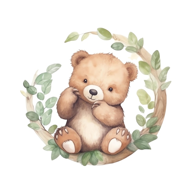 Urso aquarela fofo com ilustração de folhas clipart de animais da floresta