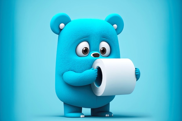 Urso azul segurando pedaço de papel higiênico personagem de desenho animado bonito