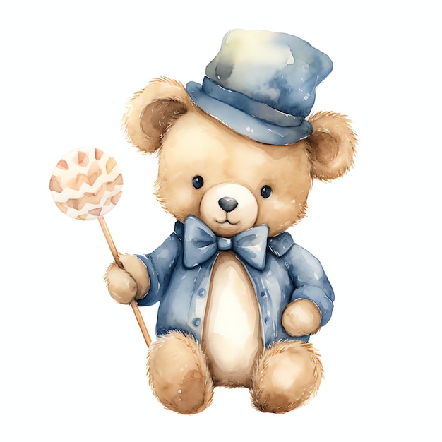 Urso bebê aquarela fofo com ilustração de roupas azuis ursinhos de pelúcia clipart