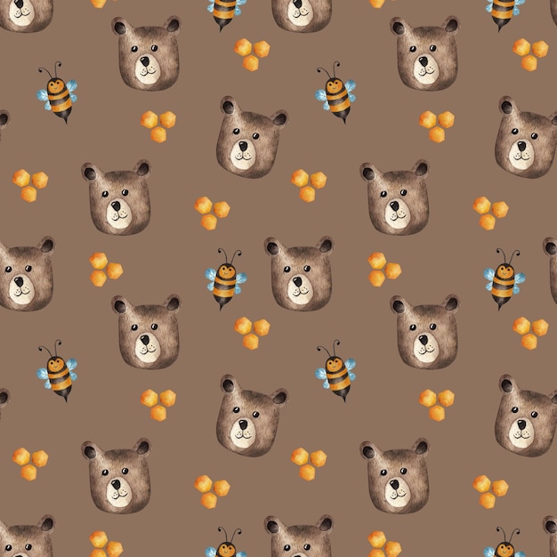 Urso bonito com abelhas Padrão de aquarela Texturas bonitas para têxteis de bebê desenho de tecido embrulho scrapbooking papel de parede etc.
