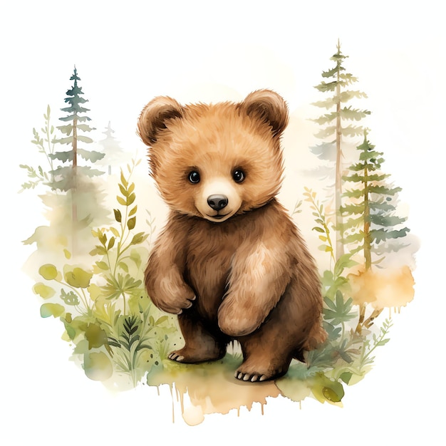 Urso bonito da floresta em aquarela com ilustração de folhas clipart de ursinhos de pelúcia