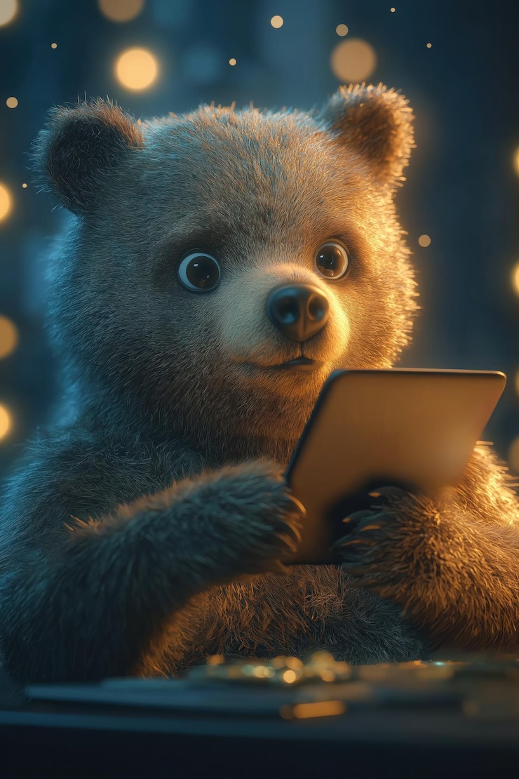 Foto urso bonito sentado à mesa com cartão de crédito bancário de smartphone urso castanho segurando tablet em patas engraçado