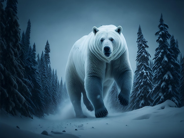 Urso branco na neve selvagem do inverno do Norte Urso polar selvagem rugindo agressivamente correndo em direção à câmera Ai Gerado