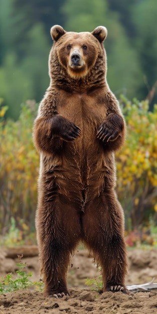 Urso castanho de pé na natureza Majestic grizzly animal no habitat natural da floresta