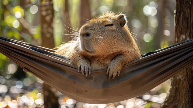 Urso castanho descansando em uma hamaca na floresta