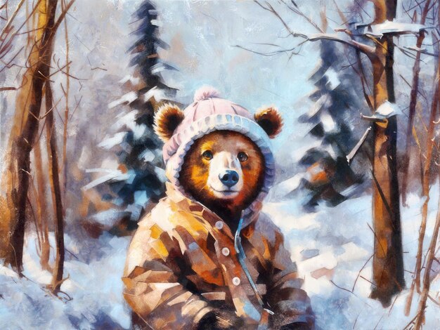 Urso castanho em roupas de inverno efeito de pintura a óleo