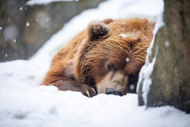 Foto urso castanho enrolado numa caverna coberta de neve