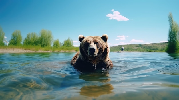 Urso castanho nada no lago em um dia de verão ensolarado