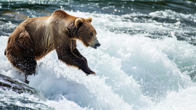 Urso castanho pegando um peixe salmão na cachoeira