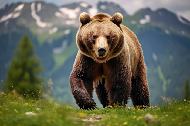 Urso castanho se movendo no prado verde na natureza da primavera