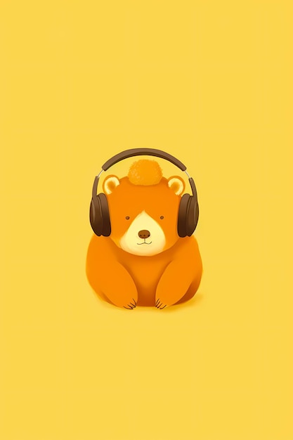 Urso com fones de ouvido sentado em fundo amarelo com fundo amarelo IA generativa