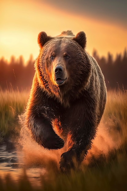 Urso correndo em ação na grama do campo Fotografia da vida selvagem AIGenerated