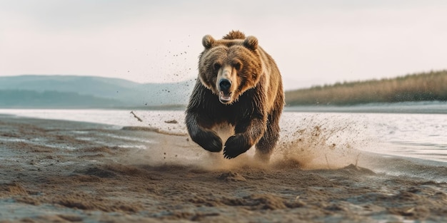 urso correndo na praia