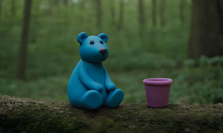 Foto urso de argila azul sentado em um tronco na floresta