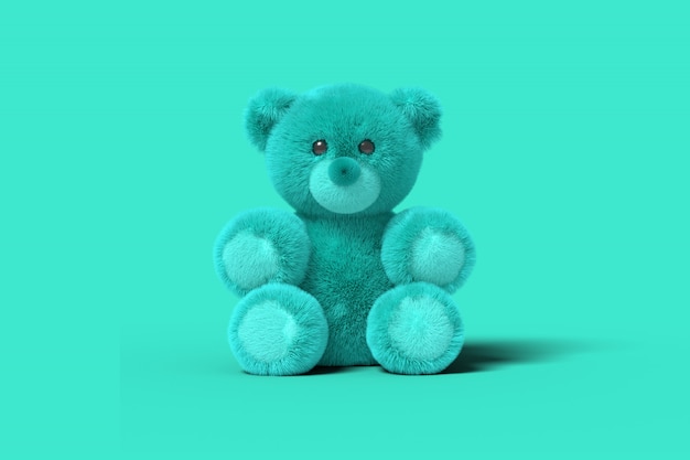 Urso de brinquedo azul está sentado no chão em azul