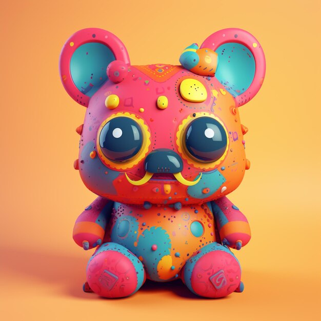 Urso de brinquedo de cores brilhantes com olhos grandes e um nariz grande