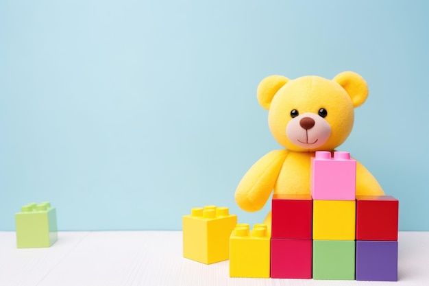 urso de brinquedo e blocos coloridos