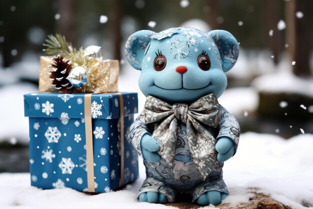 Urso de brinquedo na neve com uma caixa de presentes com fundo de Natal