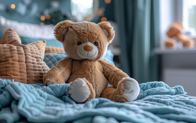 Urso de brinquedo sentado na cama no quarto