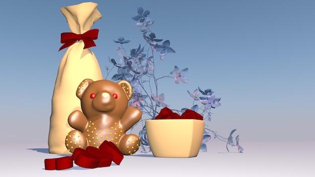 Urso de chocolate festivo e doces. renderização 3d.