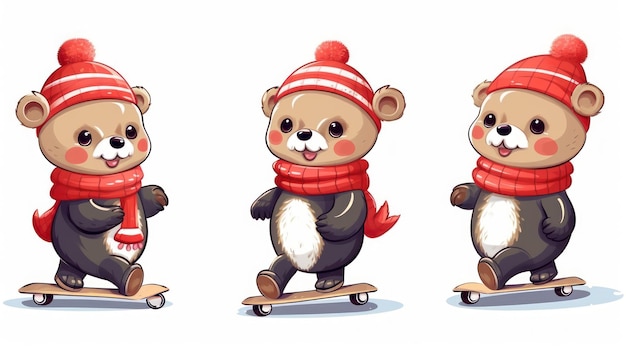 Urso de desenho animado fofo com chapéu vermelho e lenço em skate Generative AI