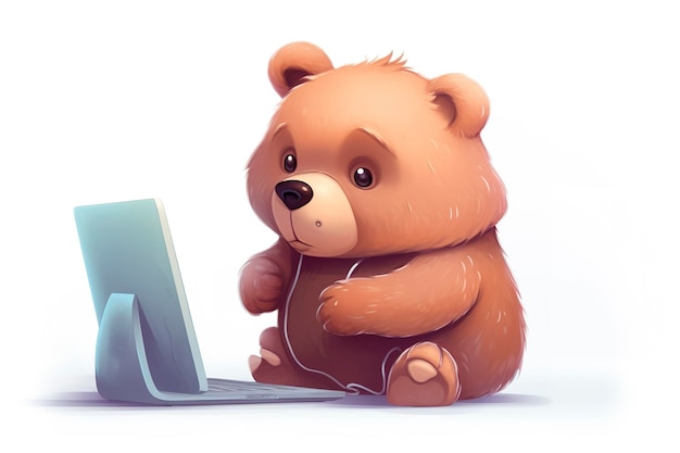 Urso de desenho animado jogando laptop gerar ai