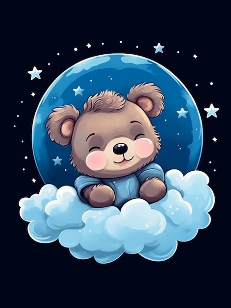 Urso de desenho animado sentado em uma nuvem com estrelas ao fundo generativo ai