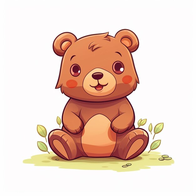 urso de desenho animado sentado no chão com folhas e grama generativa ai