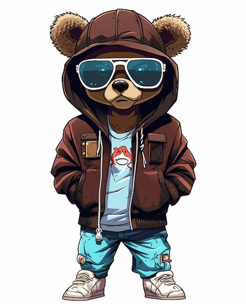Foto urso de desenho animado usando óculos escuros e uma jaqueta com um capuz generative ai