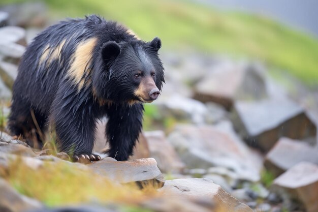 Urso de óculos solitário em terreno andino rochoso